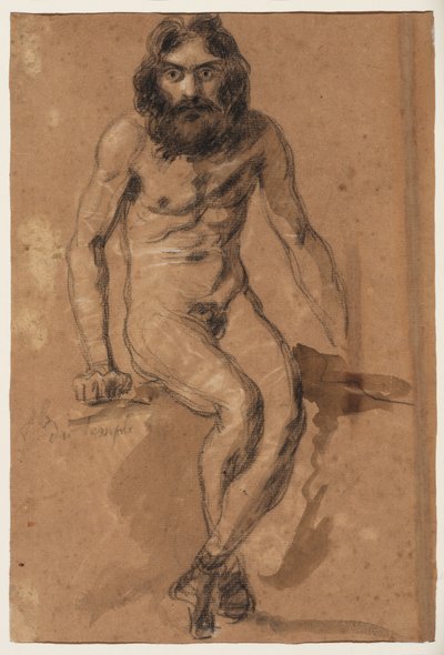 Biegnące konie (recto); nagi brodaty mężczyzna w pozycji siedzącej (verso), ok. 1800-1899 (czarno-biała kreda (recto), czarno-biała kreda i brązowe pranie (verso), na brązowym papierze) autorstwa Ferdinand Victor Eugene (after) Delacroix