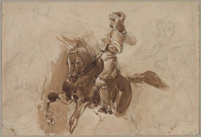 Postać w zbroi na koniu prostym, Koń przed stodołą na odwrocie, ok. 1900 r. 1828. autorstwa Ferdinand Victor Eugene Delacroix