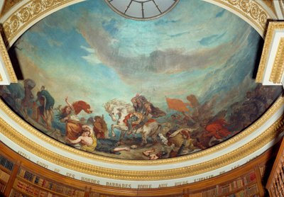 Attila (395-453) wódz plemienia Hunów, a za nim jego barbarzyńskie hordy stłoczyły się we Włoszech w 452 Fresco Eugene Delacroix (1798-1863) dekorujący kopułę biblioteki Zgromadzenia Narodowego (Palais Bourbon) 1843 Paryż autorstwa Ferdinand Victor Eugene Delacroix