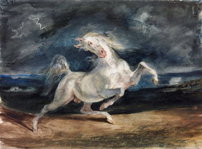 Cheval effraye par la foudre - Koń przestraszony piorunem - Delacroix, Eugene (1798-1863) - 1825-1829 - Akwarela, gwasz na papierze - 23,6x32 - Muzeum Szepmuveszeti, Budapeszt autorstwa Ferdinand Victor Eugene Delacroix