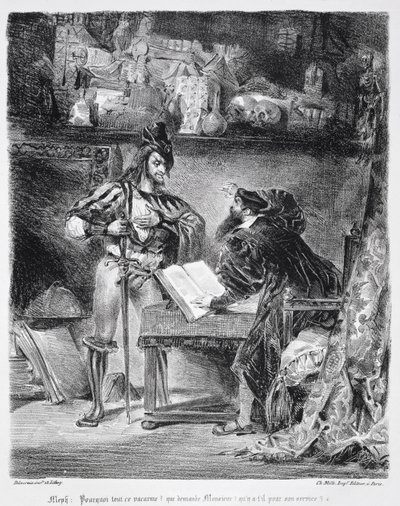 Pierwsze spotkanie Fausta z Mefistofelesem: „Po co cały ten hałas”, z Fausta Goethego, 1828, (ilustracja) (bw fotografia litografii) autorstwa Ferdinand Victor Eugene Delacroix