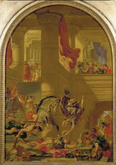 Heliodoros wydalony ze świątyni po próbie skonfiskowania świątynnego skarbu (malowidło ścienne) autorstwa Ferdinand Victor Eugene Delacroix