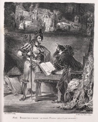 Ilustracje do Fausta: Méphistophélés odwiedza Fausta, 1828. autorstwa Ferdinand Victor Eugene Delacroix