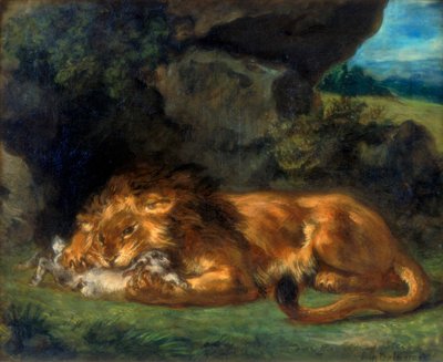 Lew pożerający królika, XIX w. autorstwa Ferdinand Victor Eugene Delacroix