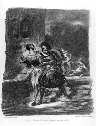 Mefistofeles i Faust uciekający po śmierci Walentynek, z Fausta Goethego, 1828, (ilustracja), (bw fotografia litografii) autorstwa Ferdinand Victor Eugene Delacroix