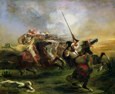Marokańscy jeźdźcy w akcji zbrojnej, 1832 r. autorstwa Ferdinand Victor Eugene Delacroix
