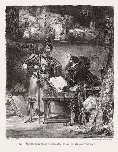 Mefistofeles pojawia się w Fauście (Mefisto pojawia się jako Faust). 1828 autorstwa Ferdinand Victor Eugene Delacroix