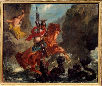 Roger deivrant Angelique (Angelica) dostarczona potworowi przez piratów zostaje wyzwolona przez Rogera (Ruggero, Ruggiero) jadącego na hipogryfie - Ilustracja do „Wściekły Roland” (Orlando Furioso) autorstwa Ludovica Ariosto (Arioste) - Obraz Eugene Delacr autorstwa Ferdinand Victor Eugene Delacroix