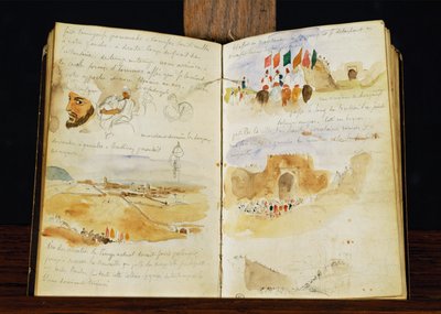 Szkice Arabów, krajobrazy Maroka, arabskie tłumy, brama Meknes i odręczne notatki ... autorstwa Ferdinand Victor Eugene Delacroix