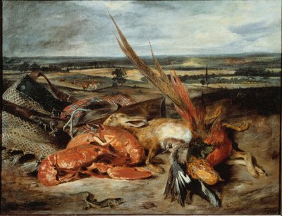 Martwa natura z homarem i trofeami myśliwskimi i wędkarskimi - olej na płótnie autorstwa Ferdinand Victor Eugene Delacroix