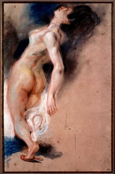 Studium nagiej kobiety przewróconej do tyłu; studium niewolnika-niewolnika do „Śmierci Sardanapale”” autorstwa Ferdinand Victor Eugene Delacroix