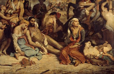 Masakry w Scio. Scena przedstawiająca grecką wojnę o niepodległość z Turkami: greccy cywile oczekujący śmierci lub niewoli. Szczegół. Obraz Eugene Delacroix (1798-1863) autorstwa Ferdinand Victor Eugene Delacroix