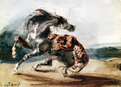 Tygrys atakuje dzikiego konia (pióro i atrament oraz akwarela na papierze) autorstwa Ferdinand Victor Eugene Delacroix