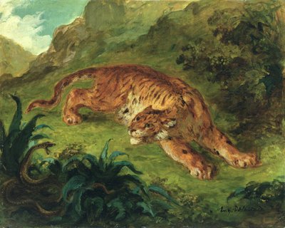 Tygrys i wąż, 1858 (olej na papierze zamontowany na panelu) autorstwa Ferdinand Victor Eugene Delacroix