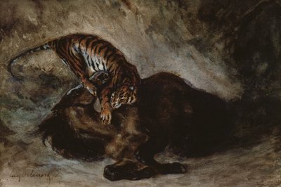 Tygrys atakuje konia (wc na papierze) autorstwa Ferdinand Victor Eugene Delacroix
