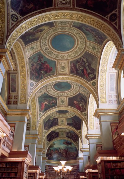 Widok kasetonowego stropu Biblioteki z pozłacanymi stiukowymi ramami otaczającymi spandrele ilustrujące sceny biblijne i klasyczne, 1844 r. autorstwa Ferdinand Victor Eugene Delacroix