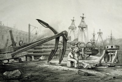 Kotwice w stoczni marynarki wojennej, autorstwa Ferdinanda Perrota, litografia autorstwa Ferdinand Victor Perrot