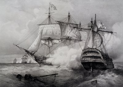 Bitwa między amerykańskim 74-działowym statkiem a brytyjską fregatą, litografia autorstwa Ferdinanda Perrot autorstwa Ferdinand Victor Perrot