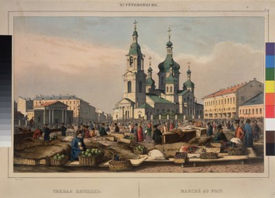 Targ Siano i Sobór Wniebowzięcia Matki Boskiej w Sankt Petersburgu. Praca Ferdinanda Victora Perrota (1808-1841), litografia i akwarela na papierze autorstwa Ferdinand Victor Perrot