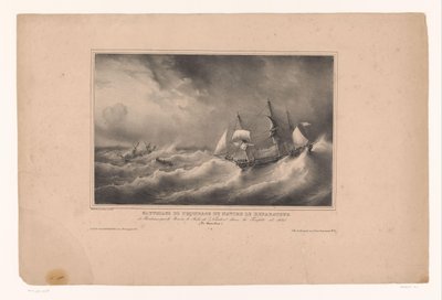 Redding van de bemanning van het schip de Reparateur Ratowanie załogi statku Le Reparateur z Bordeaux przez statek Jules de Nantes podczas sztormu 1825 r. (Ile Bourbon) (tytuł na obiekcie) Rivieren en zeeën langs autorstwa Franse Kust (seria tit autorstwa Ferdinand Victor Perrot