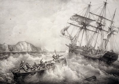 Ratowanie załogi bretońskiej łodzi rybackiej przez szwedzki statek Le Neptune, litografia autorstwa Ferdinanda Perrot autorstwa Ferdinand Victor Perrot
