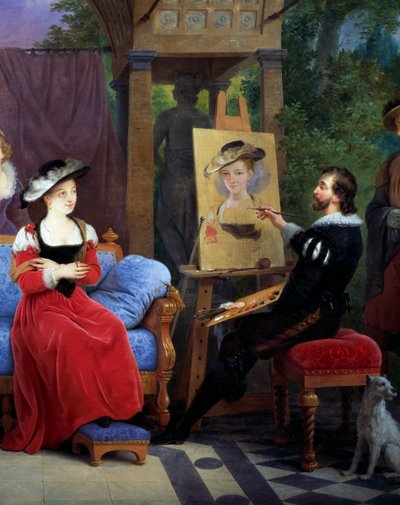 Rubens podczas malowania słomkowego kapelusza w swojej pracowni, fragment 2581014 autorstwa Ferdinand de Braekeleer