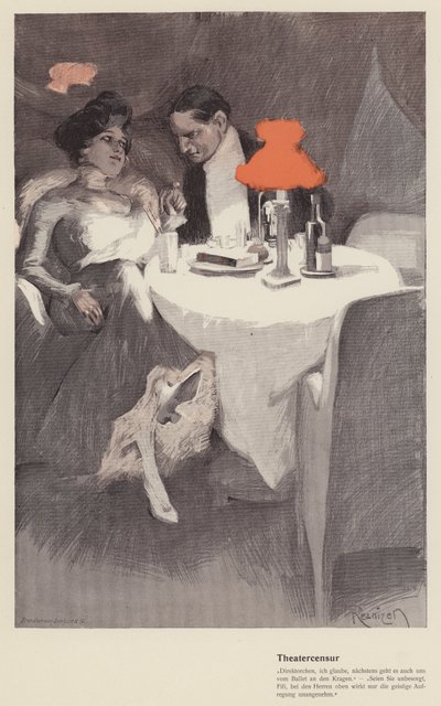 Rozmowa reżysera teatralnego z aktorką w kawiarni (litografia kolorowa) autorstwa Ferdinand von Reznicek