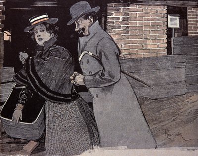 Mężczyzna nęka młodą kobietę. Ilustracja F. Von Reznicek w: Simplicissimus, Niemcy autorstwa Ferdinand von Reznicek
