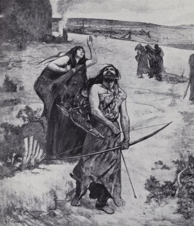 Człowiek z epoki lodowcowej uczący się polowania z łukiem i strzałą (lito) autorstwa Fernand (after) Cormon