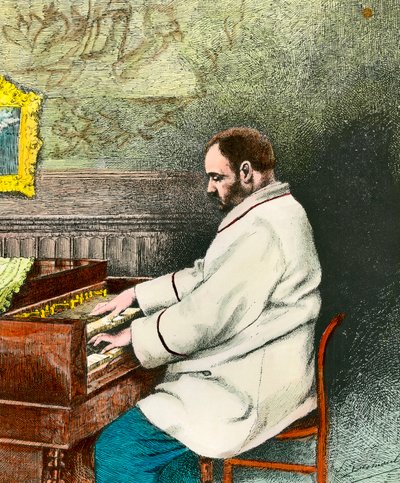 Portret Emila Zoli (1840-1902) grającego na organach. Grawerowanie Desmoulin (XIX wiek). Dz. Wyjść. autorstwa Fernand Desmoulin