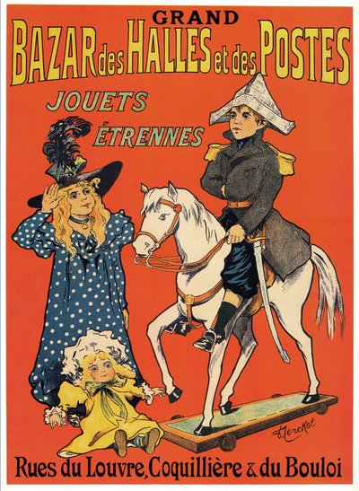 Plakat reklamowy Grand Bazaar des Halles et des Posts: Sklep z zabawkami i grami (Mały drewniany Napoleon, czarownica i lalka) Ilustracja Fernand Fernel (Cerckel) (1872-1934) 1899 r. autorstwa Fernand Fernel