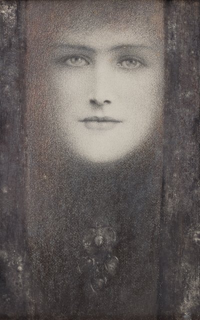 Maska z czarną zasłoną, ok. 1909 (kolorowe kredy wzmocnione bielą na papierze) autorstwa Fernand Khnopff