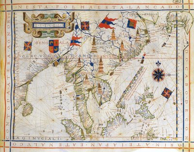 Plansza, mapa przed Mercatorem z 1571 r. autorstwa portugalskiego kartografa Fernao Vaz Dourado (ok. 1520-1580). Mapa wschodnich Indii, Zatoki Bengalskiej, południowo-wschodnich Chin, Tajlandii, Borneo i Japonii. Zwrotnik Raka został nazwany. autorstwa Fernao Vaz Dourado