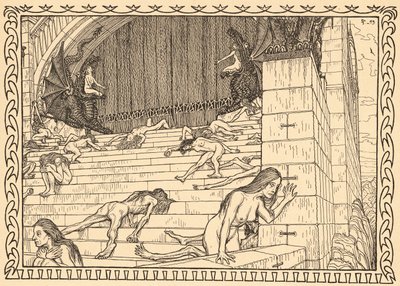 Przed Świątynią Czynów, ilustracja 7, z teki „Lebenszeichen”, wyd. 1908 w Berlinie przez Fritza Heydera Verlag autorstwa Fidus (1868 1948)
