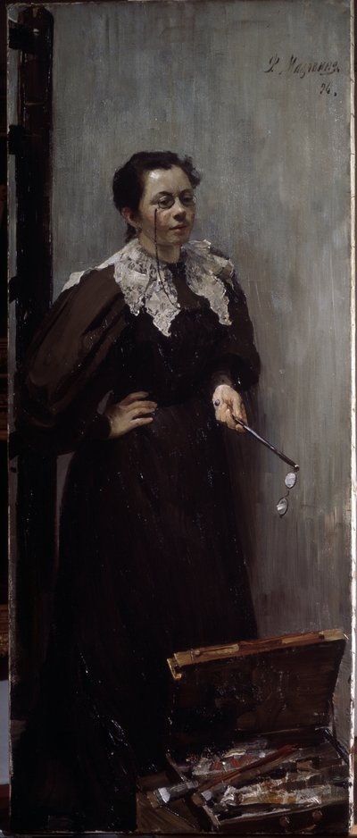 Portret artysty Anna Ostroumova Lebedeva (Ostroumova-Lebedeva) (1871-1955) (Portret artysty A. Ostroumowej). Reprezentowała stojąca za sprzętem do malowania, z lornetką na nosie i kolejną parą w dłoni. Obraz Filippa And autorstwa Filipp Andreevich Maliavin