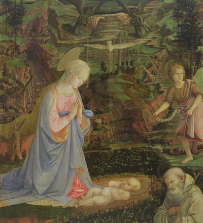 Adoracja Dzieciątka z Dzieciątkiem Św. Janem i Św. Romualdem (tempera na panelu) autorstwa Filippino Lippi