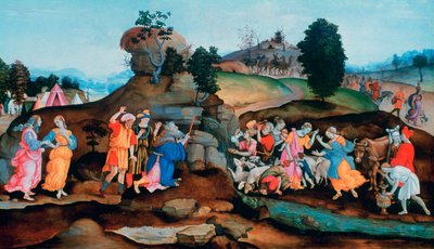 Mojżesz wydobywa wodę ze skały, ok. 1500 autorstwa Filippino Lippi