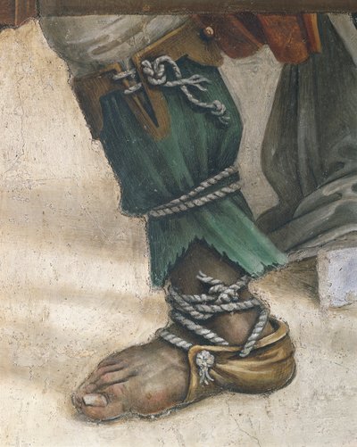 Św. Jan Ewangelista wskrzeszający Druzjanę autorstwa Filippino Lippi, fragment obuwia, fresk autorstwa Filippino Lippi