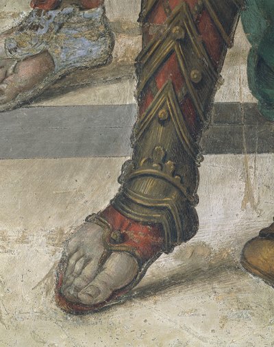 Święty Filip prowadzący smoka ze świątyni Hieropolis autorstwa Filippino Lippi, detal obuwia, fresk autorstwa Filippino Lippi