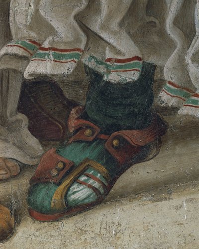Święty Filip prowadzący smoka ze świątyni Hieropolis, fragment obuwia, fresk autorstwa Filippino Lippi