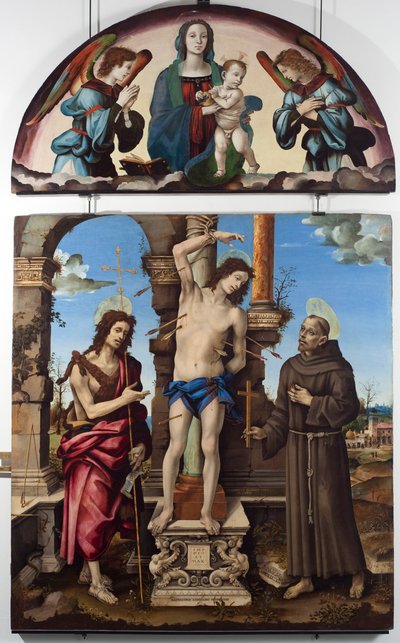 Św. Sebastian w otoczeniu Św. Jana Chrzciciela i Św. Franciszka z Asyżu Panel centralny. Dziewica ma dziecko. Obraz na drewnie Filippo Lippi (1451-1504) wym. 298x185 cm Musei di Strada Nuova (ex Palazzo Bianco), Genes autorstwa Filippino Lippi