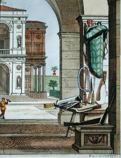 Narzędzia ogrodnicze z „Hesperyd” Giovanniego Battisty Ferrariego, grawerowane przez Cammillo Congio (fl.1630), opublikowane 1646 (kolorowa grawerunek) autorstwa Filippo (after) Gagliardi