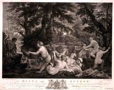 Diana i Acteon, rytowane przez Williama Woolletta (1735-85), wydane przez J. Boydell autorstwa Filippo (after) Lauri
