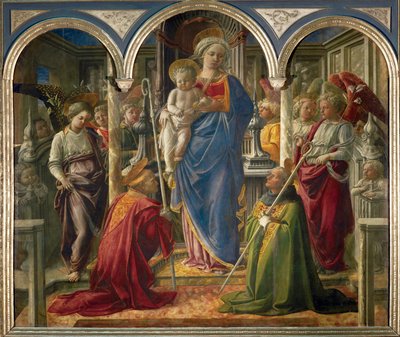 Madonna z Dzieciątkiem i aniołami oraz święci Frediano i Augustyn, zwani "Pala Barbadori" ... autorstwa Filippo (workshop of) Lippi