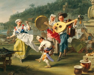 Tarantella in Mergellina, ok. 1750, autorstwa Filippo Falciatore (czynny 1737-1768), olej na płótnie, 76,2x102 cm, Detal, Włochy autorstwa Filippo Falciatore