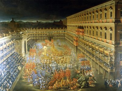Uczta w Palazzo Barberini na cześć Christine de Suede (Christine of Sweden), 28.02.1656 r. Obraz Filippo Lauri (1623-1694) i Filippo Gagliardi (zm. 1659). XVII-wieczny Rzym, Muzeum Rzymu autorstwa Filippo and Gagliardi Filippo Lauri