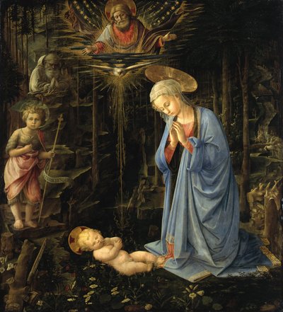 Dziewica adorująca Dzieciątko / Adoracja w lesie, Święta Rodzina z młodym św. Janem autorstwa Filippo Lippi