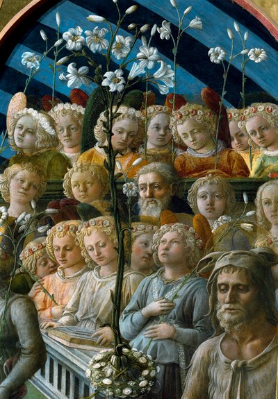 Koronacja Matki Boskiej Fragment aniołów chórzystów trzymających kwiaty lilii. Postać poniżej po prawej to święty Jan Chrzciciel, patron Florencji. Obraz Filippo Lippiego (1457-1504) autorstwa Filippo Lippi