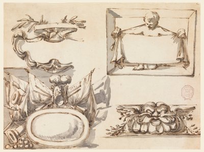 Rysunek, tarcza herbowa, trofeum, etykieta, motyw dekoracyjny fryzu, 1750-75 autorstwa Filippo Marchionni