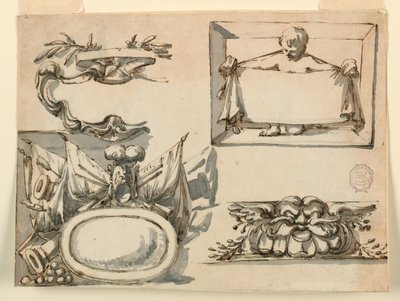Rysunek, tarcza herbowa, trofeum, etykieta, motyw dekoracyjny fryzu, 1750-75 autorstwa Filippo Marchionni
